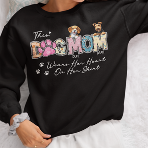 Custom This Dog Mom Wears Her Heart On Her Sleeve Sweatshirt, Shirt with Name Dog,  Mother's Day Gift, Custom Dog Breed Shirt, Personalized Dog Name Shirt, Unisex Crewneck Shirt for Pet Owners, Dog Peeking in Pocket
