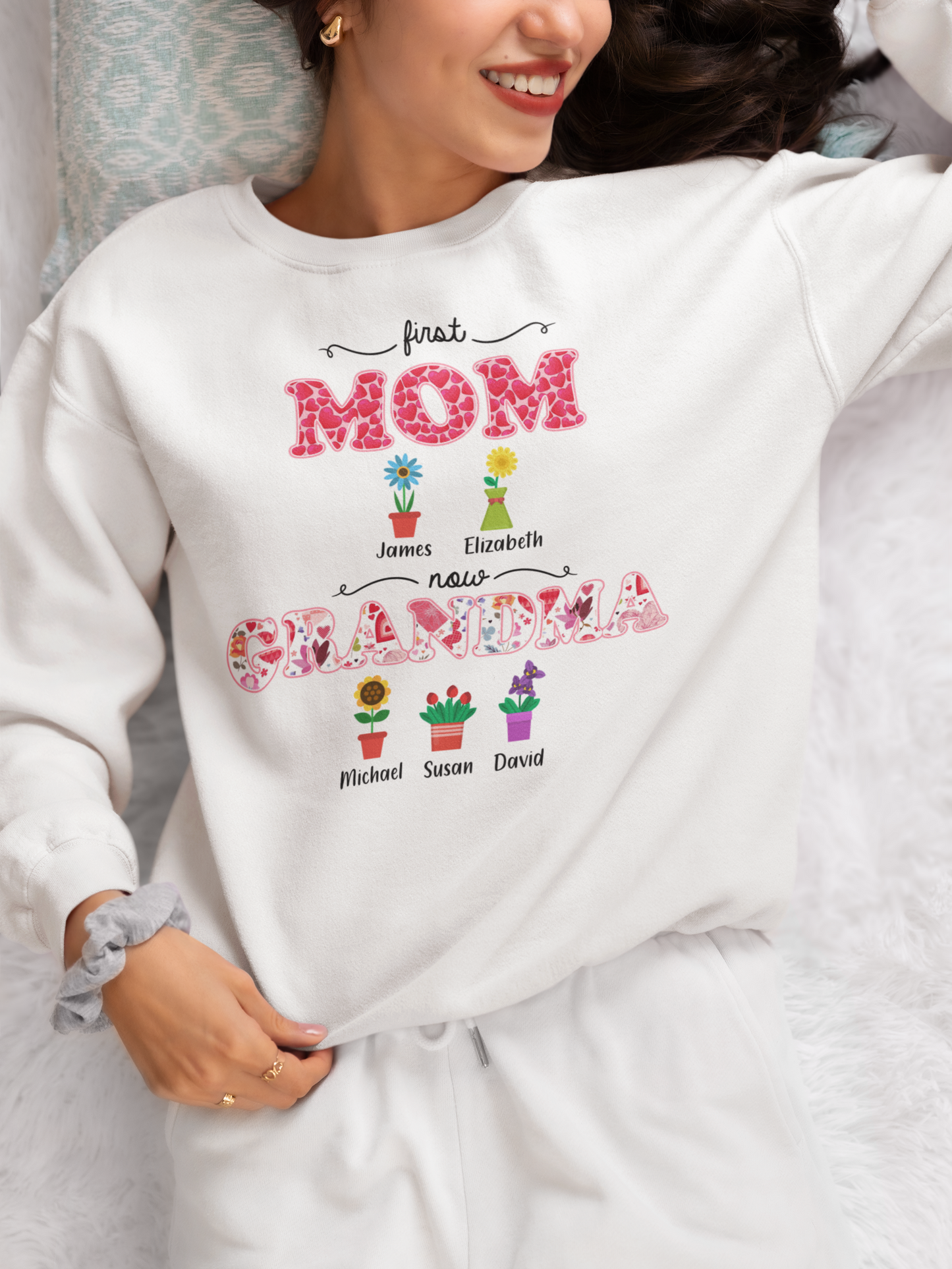 First Mom Now Grandma Shirt, Custom Mothers Day Shirt, Custom Name Mom Grandma Shirt For Mother's Day, Custom Name Grandma Shirt, Custom Name Birth Flowers Shirt, Personalized Shirt For Mom Grandma, Custom Grandkids Birth Flower Name Shirt