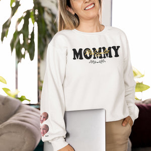 Mommy Sweater, Personalized Mom's Name Sweater, Custom Last Name Sweater, Custom Photo On Sleeve Shirt, Gift For Mom, Custom Photo Sweater