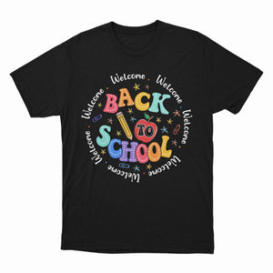 Funny Retro Groovy Doodle Welcome Back To School Shirt, Cute Pencil Apple School Shirt, Cute Shirt For Student Teacher, Groovy School Shirt