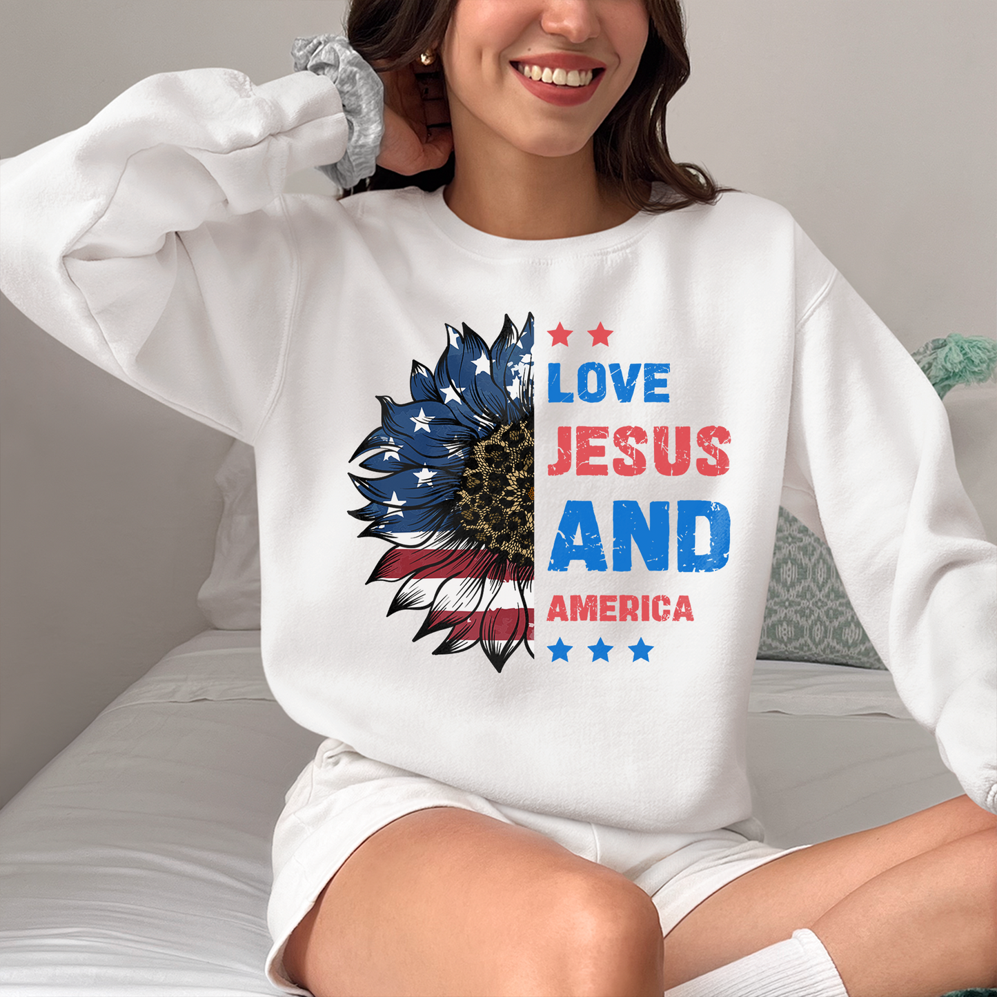 Loves Jesus and America Too t shirt, America Sunflower Shirt, USA Flag Flower T Shirt, 4th Of July Flag Graphic T-Shirt, Freedom TShirt, Independence Shirt