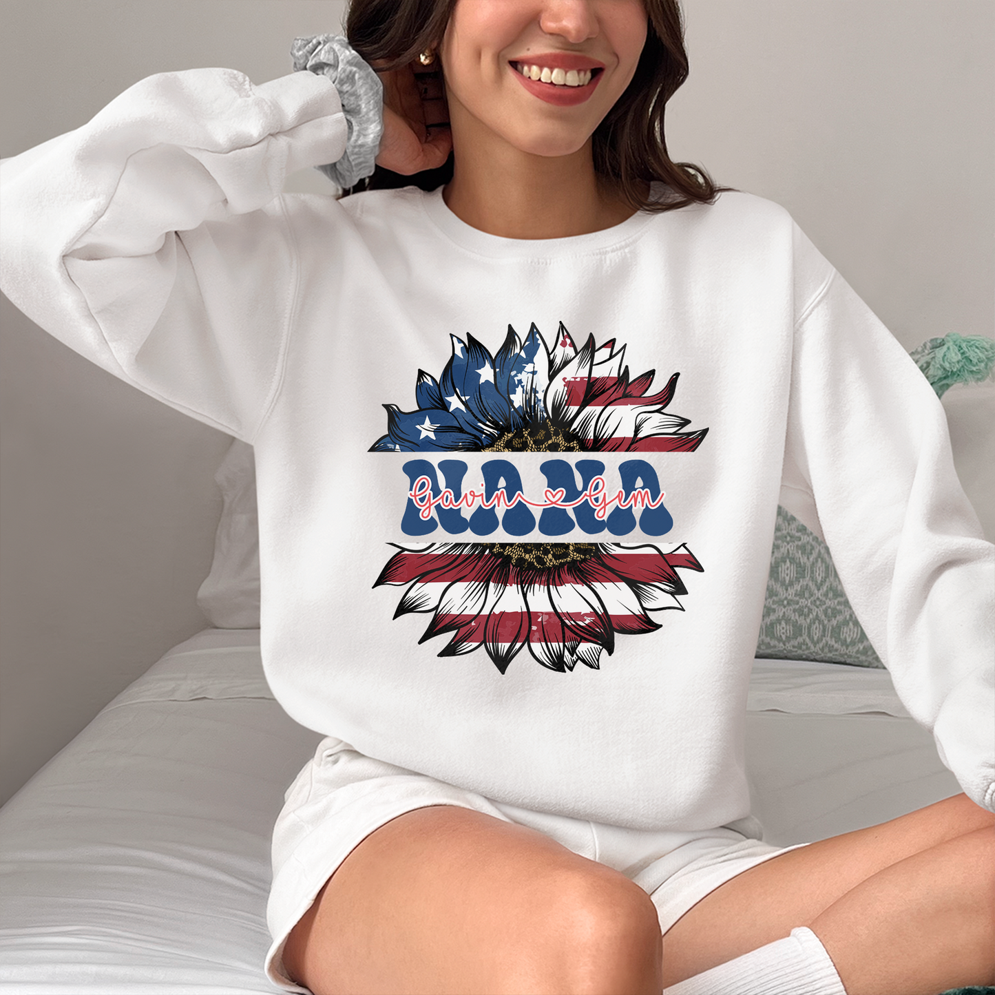 USA Flag Flower Shirt, America Sunflower Shirt, Custom Nana Shirt, Mom Shirt With Names, 4th Of July Flag Graphic T-Shirt, Independence Shirt