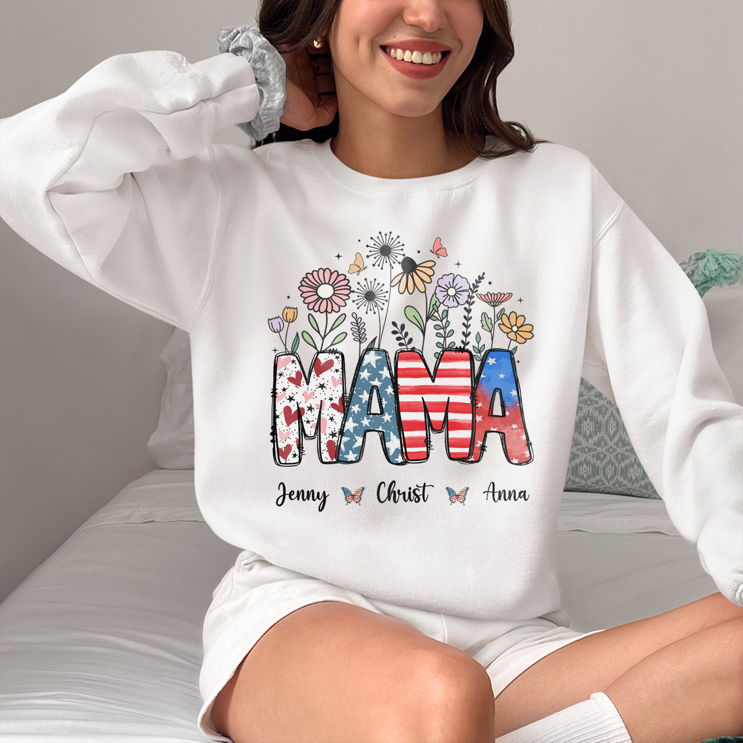 American Mama Shirt, Floral Patriotic Shirt, Customized Family Shirt, Retro Boho Flower Shirt