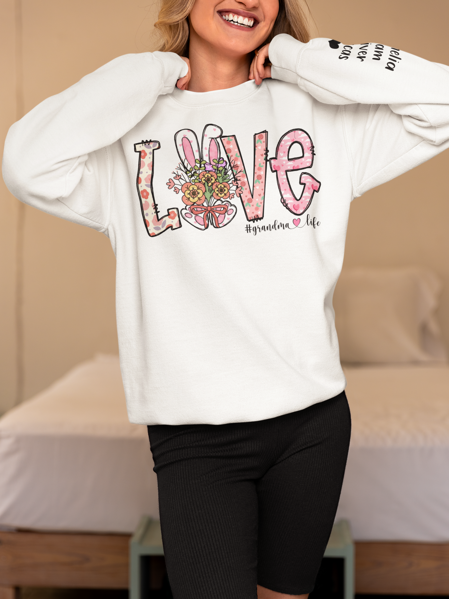 Personalized Love Grandma Sweatshirt, Custom Grandmalife Sweater and Grandkids Names On Sleeve, Custom Love Grandma Life kids on Sleeve, Mama Bunny Shirt