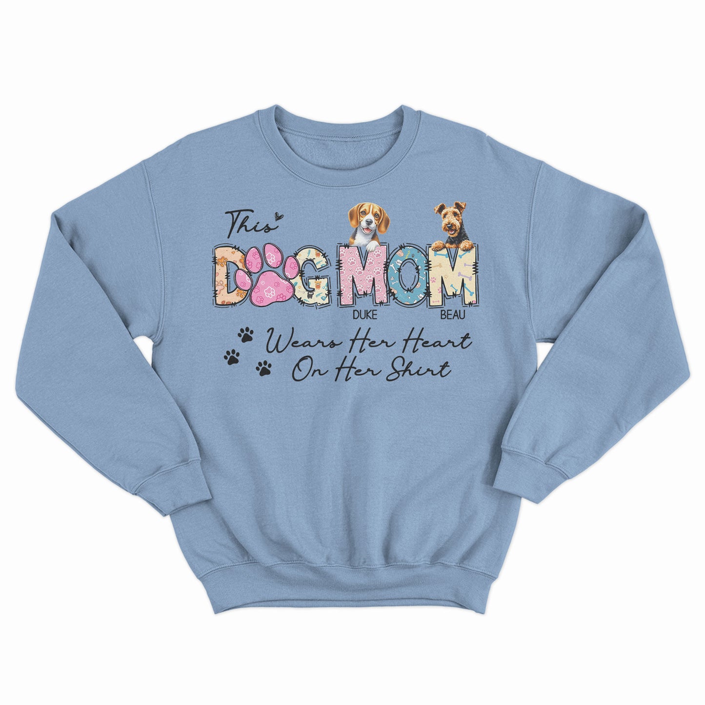 Custom This Dog Mom Wears Her Heart On Her Sleeve Sweatshirt, Shirt with Name Dog,  Mother's Day Gift, Custom Dog Breed Shirt, Personalized Dog Name Shirt, Unisex Crewneck Shirt for Pet Owners, Dog Peeking in Pocket