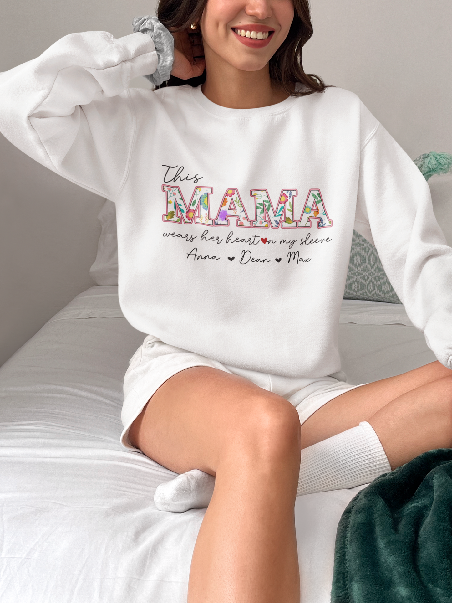 I Wear My Heart On My Sleeve Mothers Day Sweatshirt, Custom Mama Sweatshirt With Kids Name on Sleeve, Mothers Day Gift for Mom, Grandma Gift, Gift for Mom, Custom Mama Sweatshirt with Children Name on Sleeve