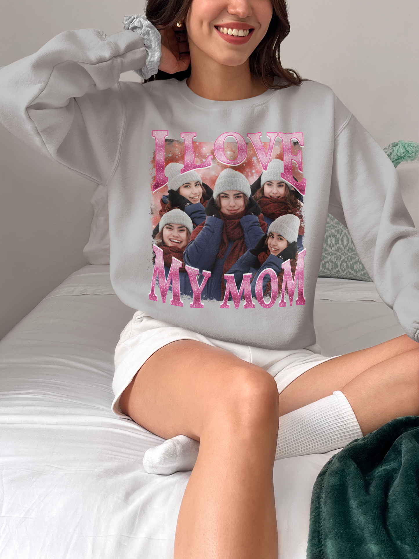 Custom Pink Background Shirt, I Love My Mom Shirt, Custom Mom Photo Shirt, Vintage Graphic 90s Tshirt, Collage Mom's Photo Shirt, Personalized Shirt For Mother's Day, Meaningful Mom's Shirt (Ver 1)