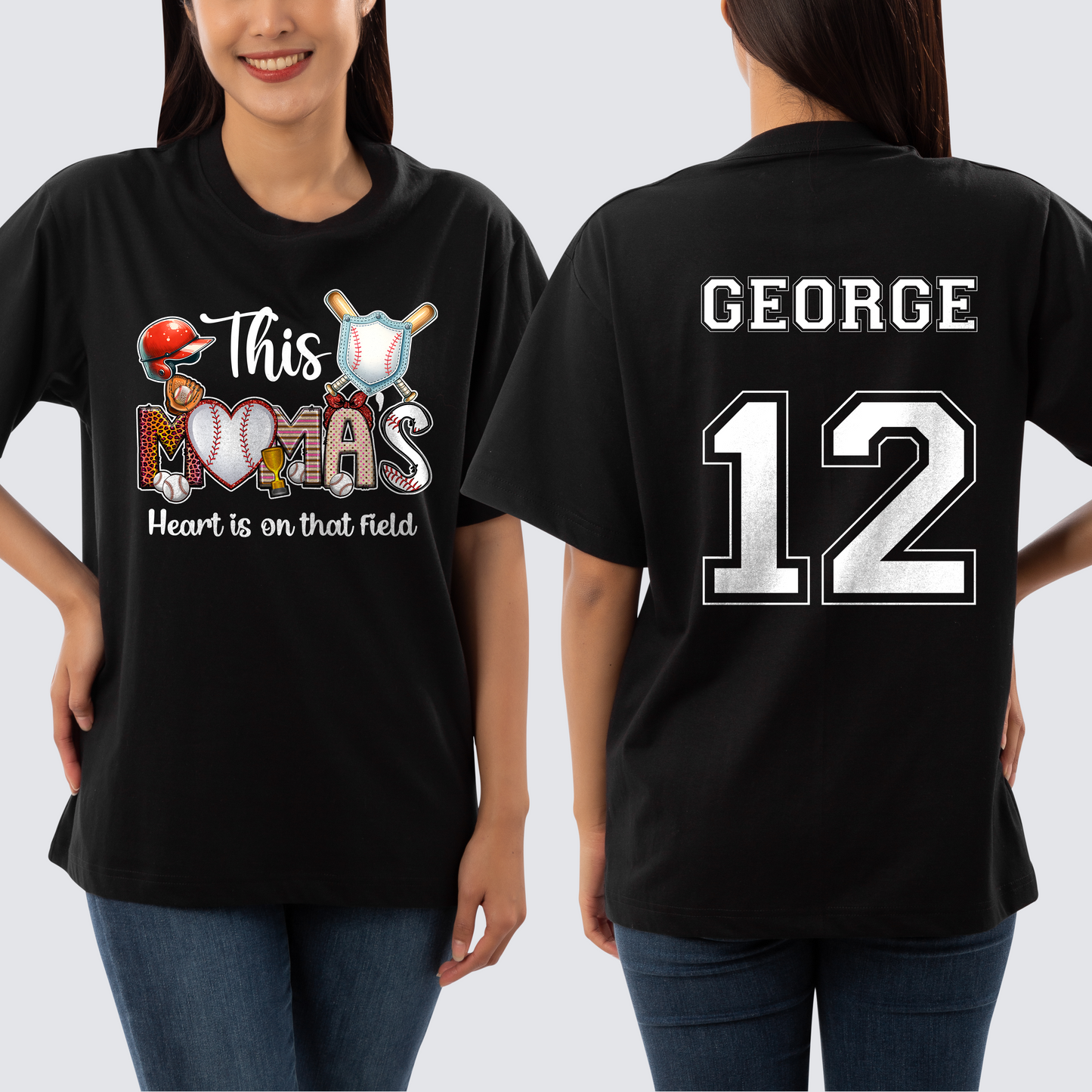 This Mamas Heart is on the Field, Custom Baseball Mom Shirts, Personalized Baseball Shirt, Name and NumberBaseball Mom Shirt, Sports Mom Shirt, Family Baseball Shirt