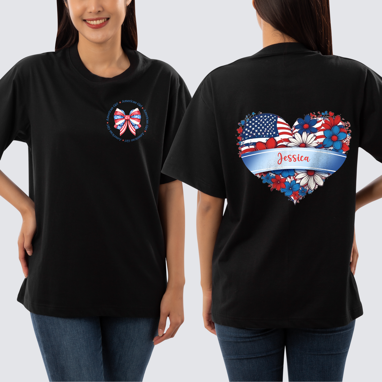 American Girl Shirt, Cute American Coquette Shirt, Custom Name Shirt, Floral Patriotic Heart Shirt, Coquette Shirt, 4th July Shirt