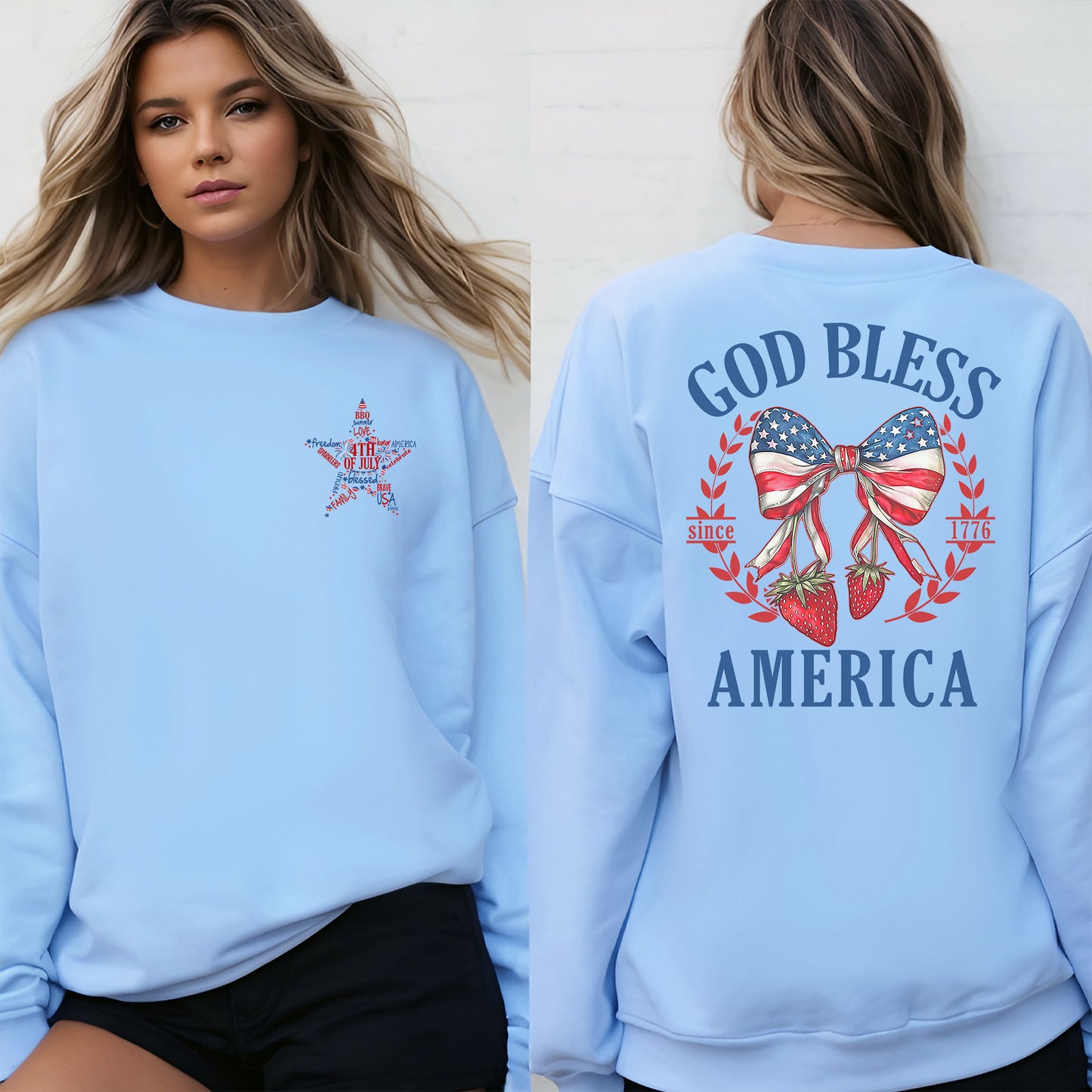 God Bless America Shirt, American Patriotic Shirt, Groovy Star Stripes Typography Shirt, Cute American Strawberry Coquette Shirt, Blessed Shirt