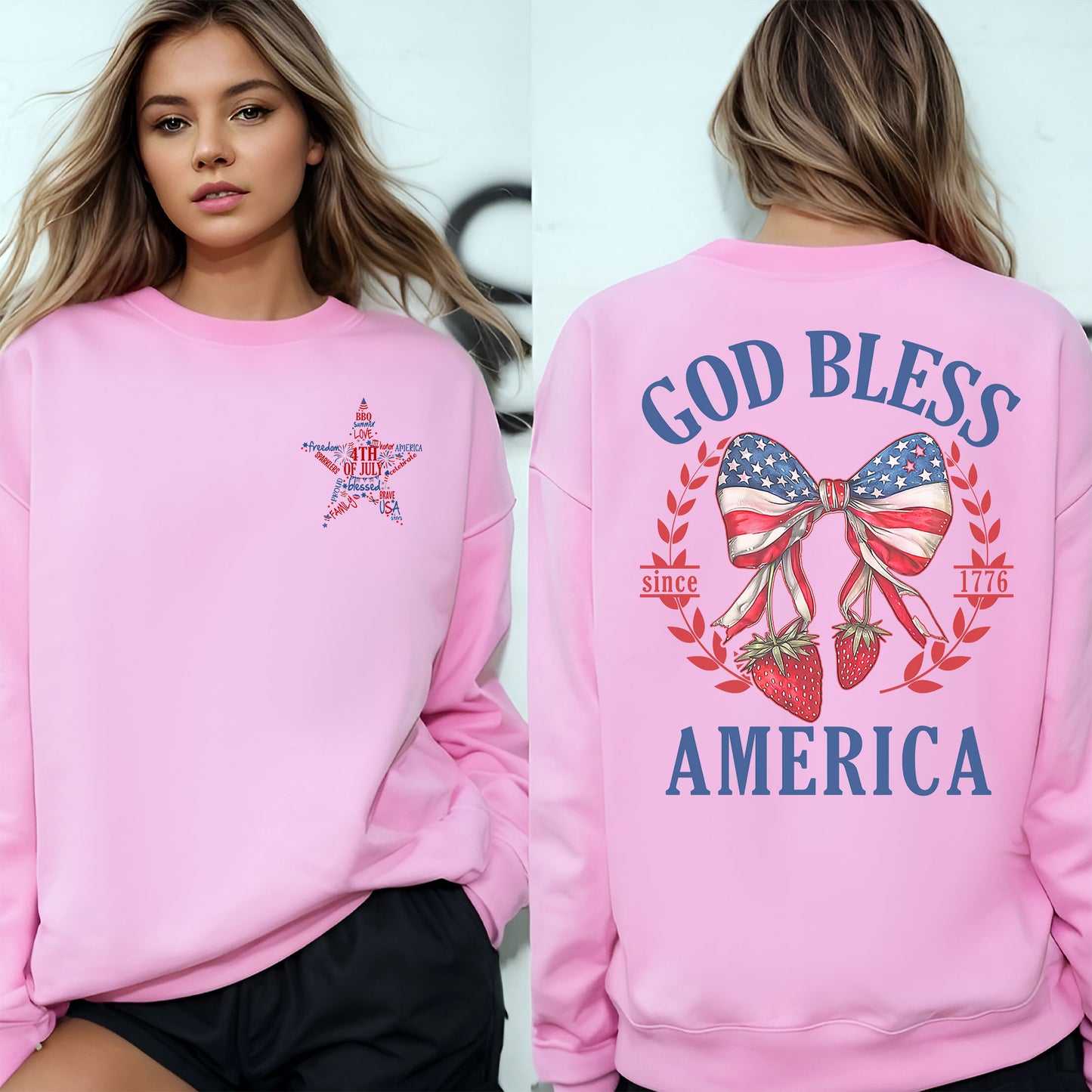 God Bless America Shirt, American Patriotic Shirt, Groovy Star Stripes Typography Shirt, Cute American Strawberry Coquette Shirt, Blessed Shirt