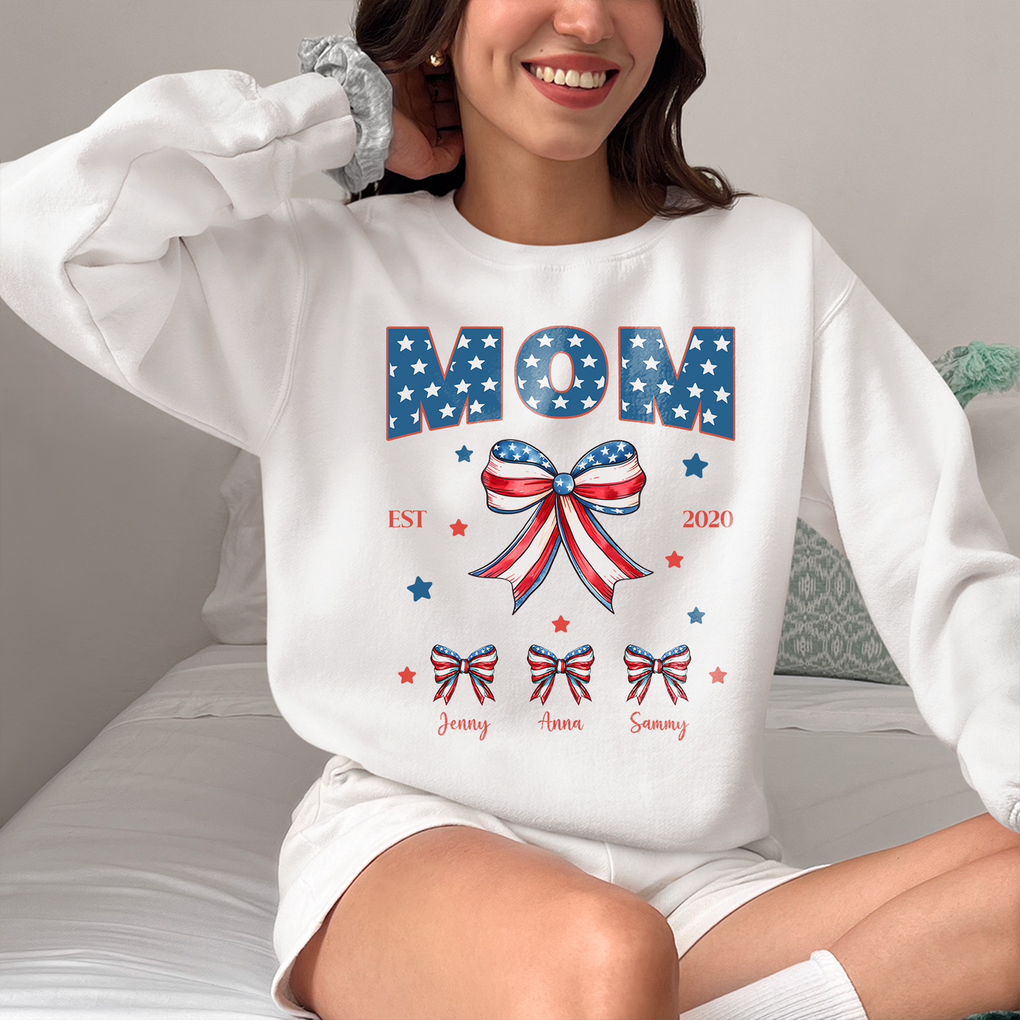 Mom July 4 Shirt, Personalized Mom Shirt with Kids Names, Custom Mama Tshirt, America Shirt, Land of the Free, Patriotic Shirt