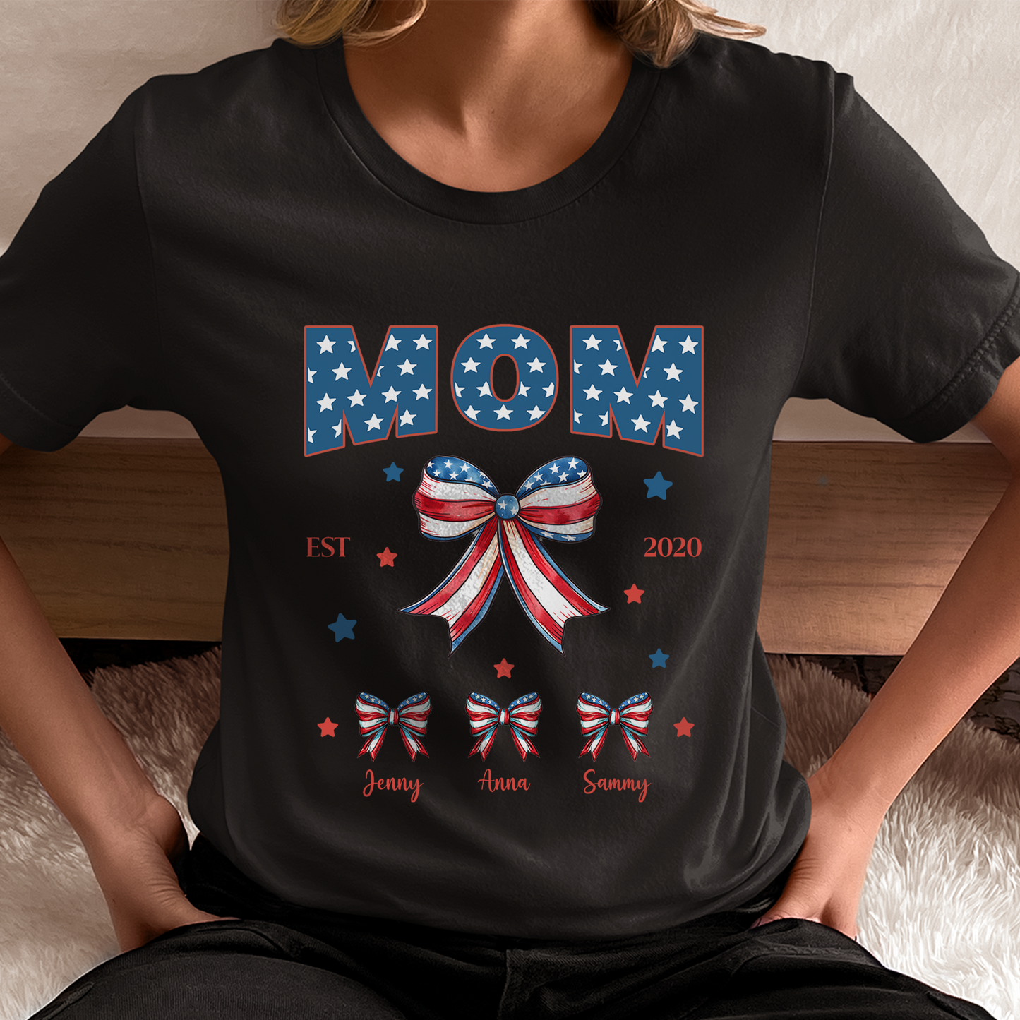 Mom July 4 Shirt, Personalized Mom Shirt with Kids Names, Custom Mama Tshirt, America Shirt, Land of the Free, Patriotic Shirt