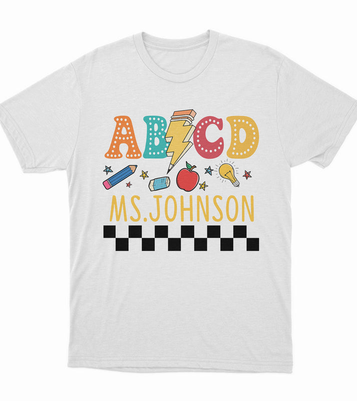 Custom Teacher Shirt,  Retro ABCD Teacher Name Shirts For Back to School Teacher Appreciation Gift,  Customized Name Teacher TShirt