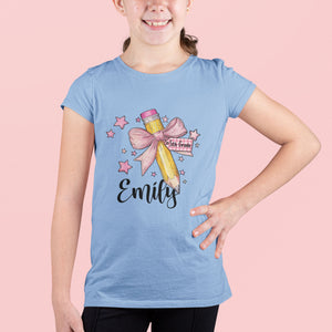 Cute Coquette Pink Pencil Shirt, Custom Grade Tag Shirt, Custom Name Shirt For Kids, Happy First Day Of School Shirt