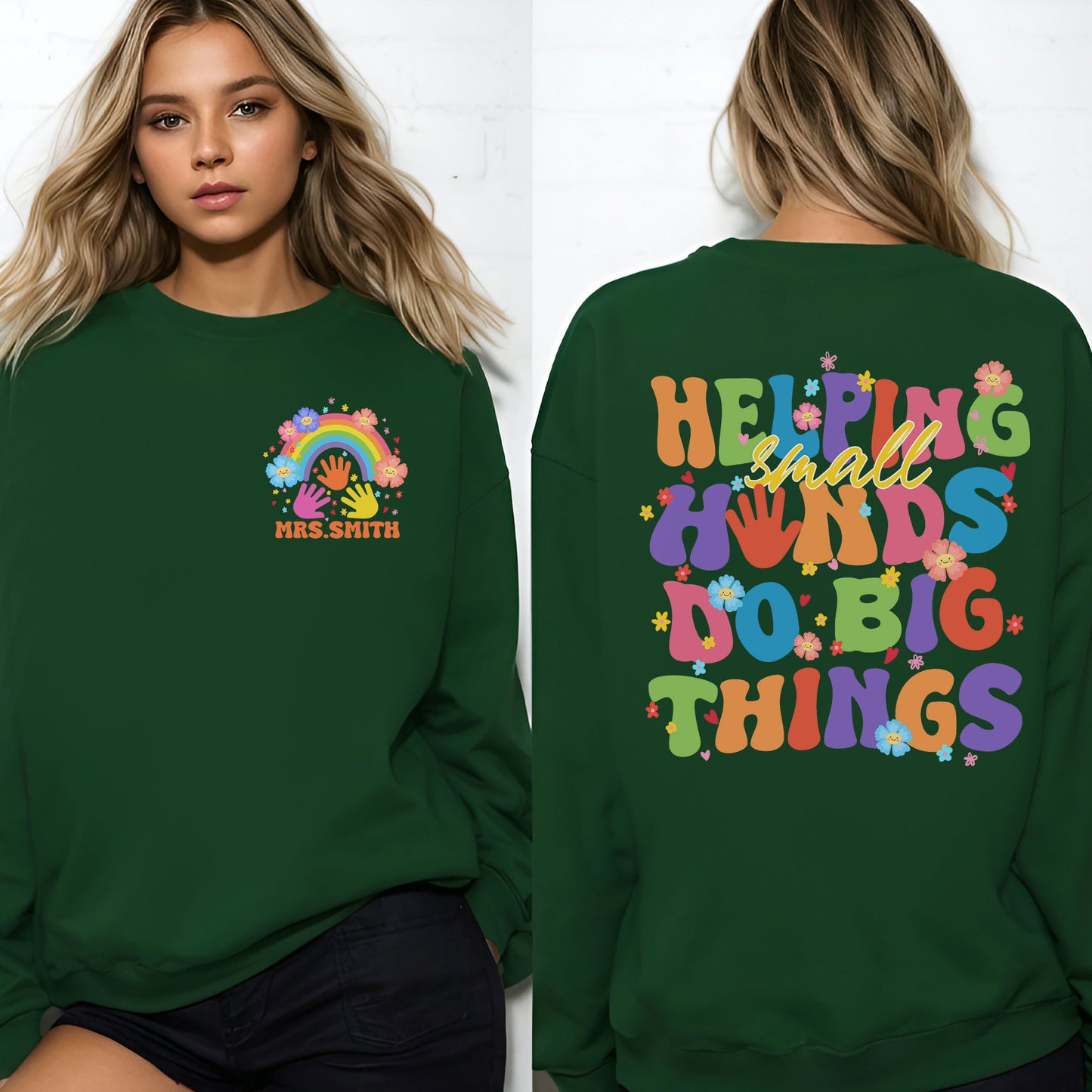 Funny Groovy Helping Little Hands Do Big Things Shirt, Teacher Appreciation Shirt, Cute Retro Boho Rainbow Shirt, Gift For Teacher
