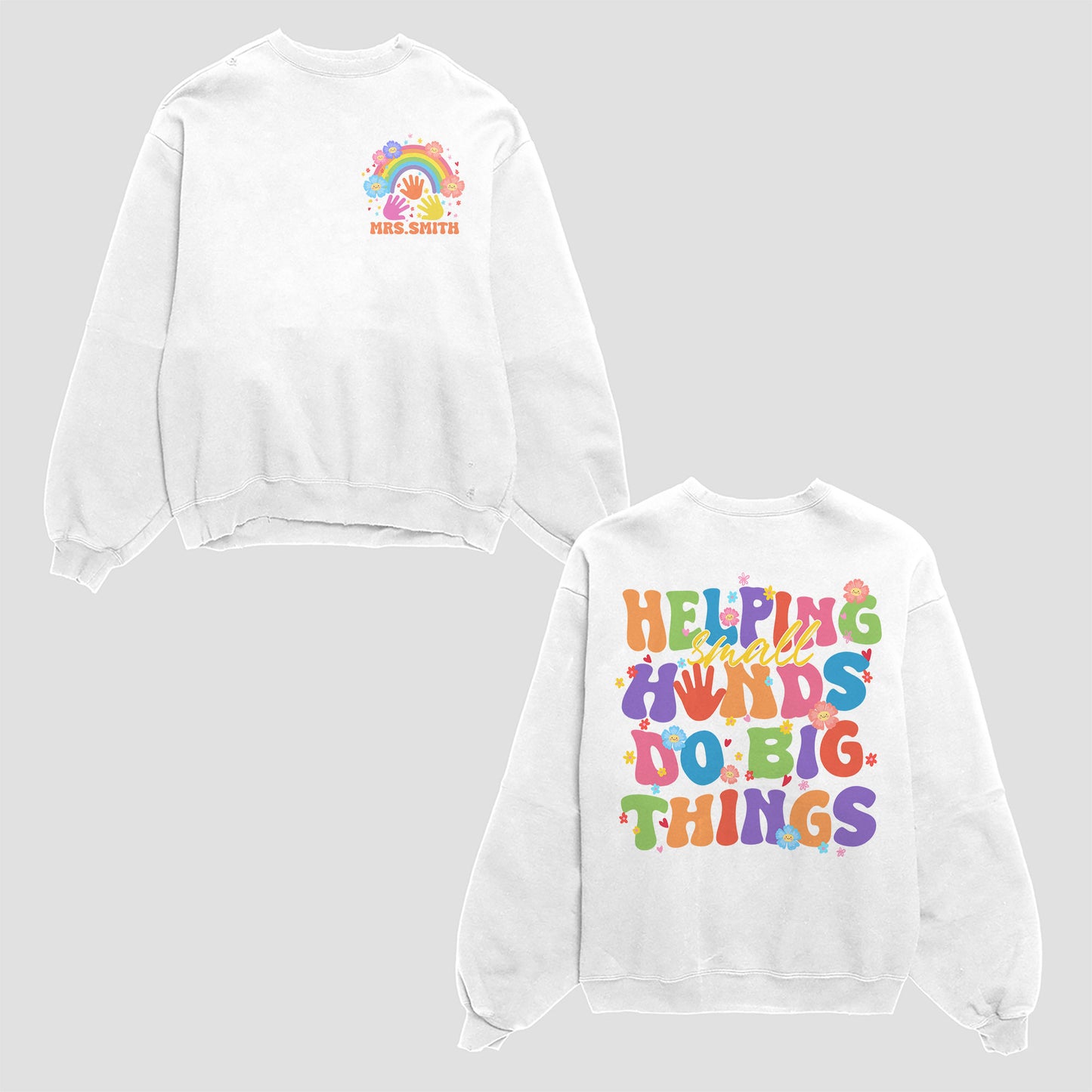 Funny Groovy Helping Little Hands Do Big Things Shirt, Teacher Appreciation Shirt, Cute Retro Boho Rainbow Shirt, Gift For Teacher