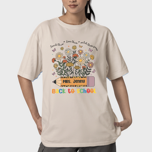 Retro Floral back To School Shirt, Floral Pencil Art Shirt, Custom Teacher's Name Shirt, Teach Them Love Them And Watch Them Grow