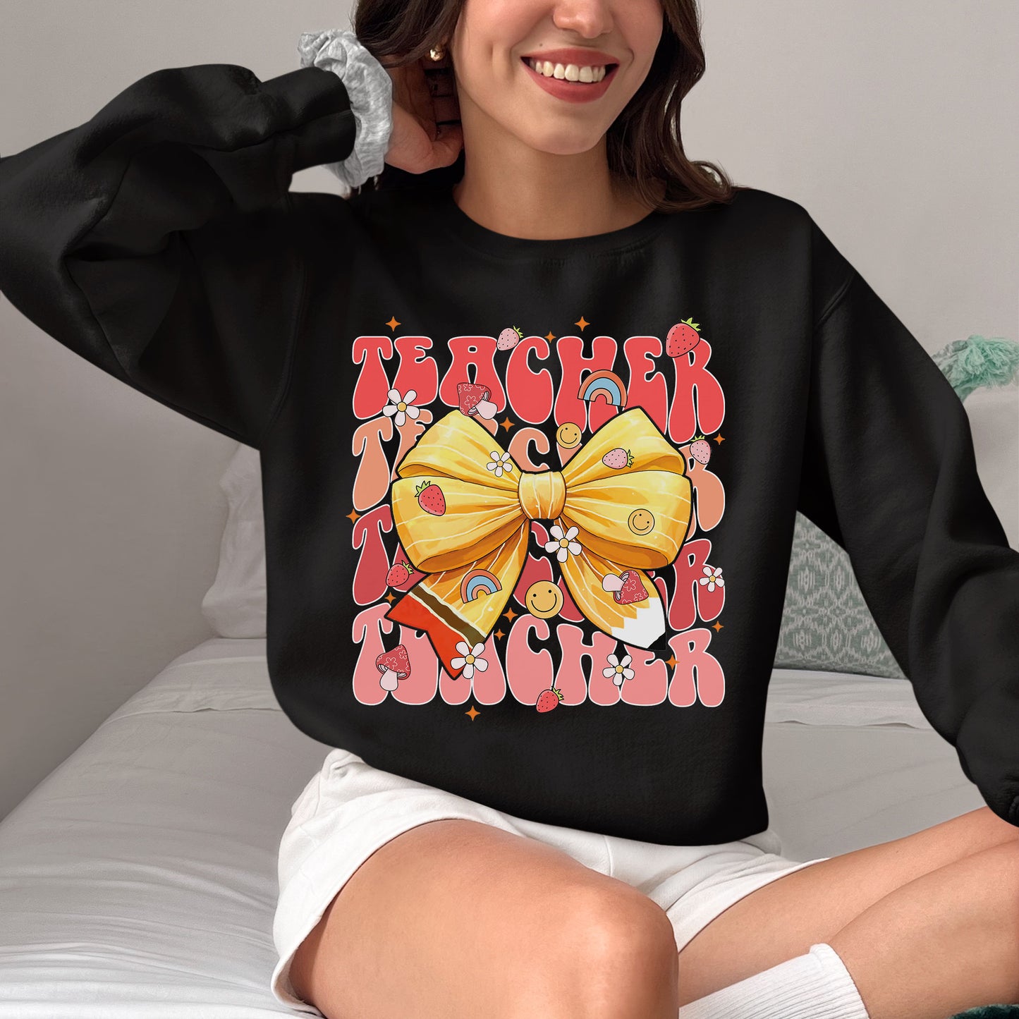 Teacher Retro Groovy Typography Shirt, Cute Pencil Coquette Shirt, Floral Shirt, Back To School Gift