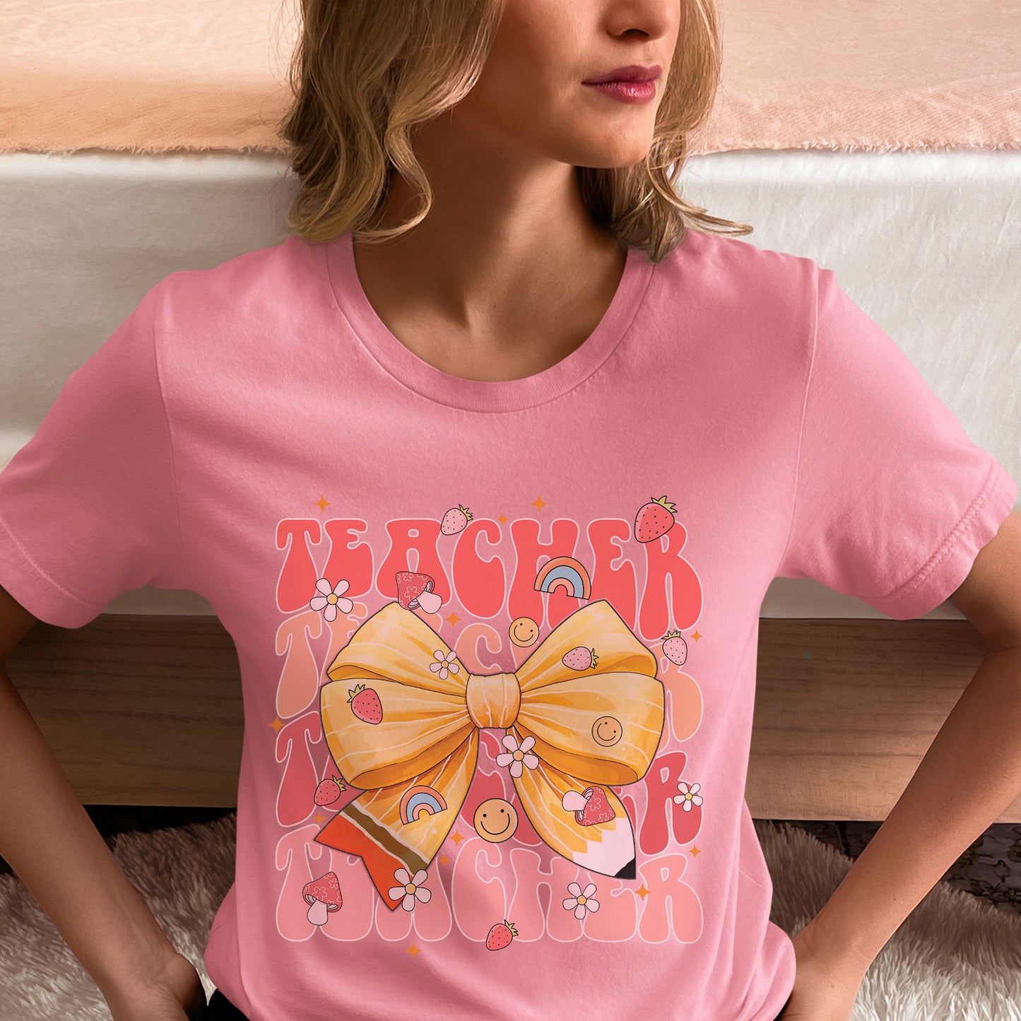 Teacher Retro Groovy Typography Shirt, Cute Pencil Coquette Shirt, Floral Shirt, Back To School Gift